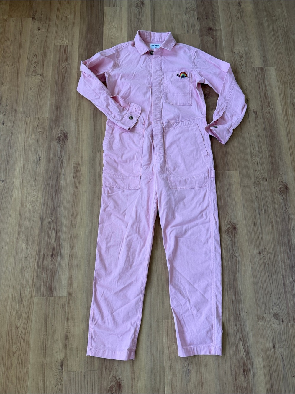 Old Navy Unisex XS Pink Utility Jumpsuit with Rainbow chest embroidered patch